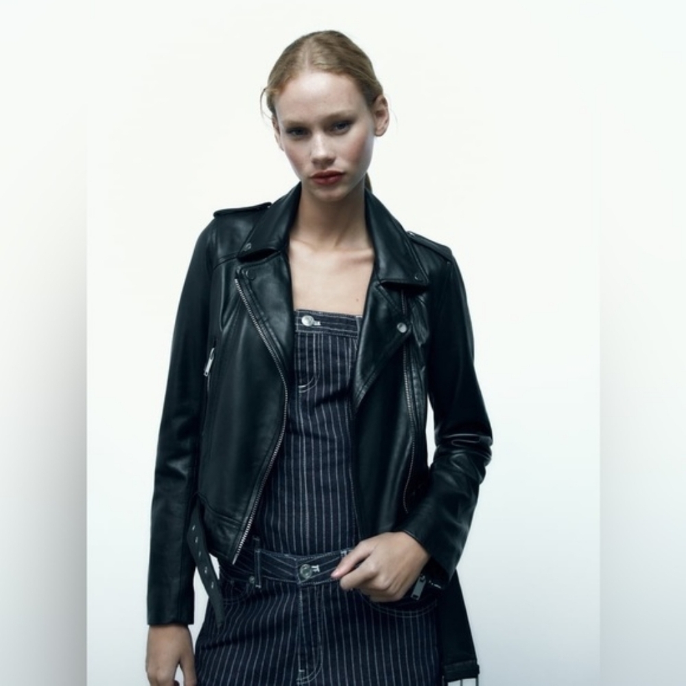 NEW Zara Black Genuine 100% Sheep Leather Moto Jacket